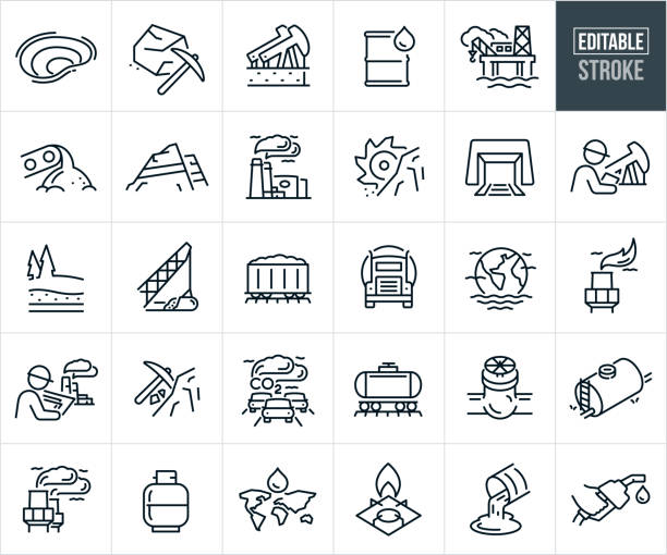 Fossil Fuel Thin Line Icons - Editable Stroke A set of fossil fuel icons that include editable strokes or outlines using the EPS vector file. The icons include an open pit coal mine, coal, jack pump pumping natural gas from the earth, barrel of oil, offshore oil rig, conveyor belt with coal, coal strip mine, fossil fuel, oil refinery with smoke coming from smokestacks, coal mine, mining coal, railroad car filled with coal, semi oil tanker truck, carbon dioxide, co2, propane, oil pipe line, factory smoke stacks, fuel and energy, natural gas, gas pump, non-renewable resource, non-renewable energy, air pollution, earth, carbon, earths crust and coal deposits. natural gas pipeline clip art stock illustrations
