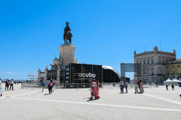 Lisbon, Portugal. April 21. 2024. Historical monument located on praca do comercio.
