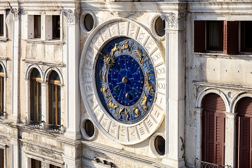 View of astronomical zodiacal clock on Clock Tower at Saint Mark Square; Venice, Italy