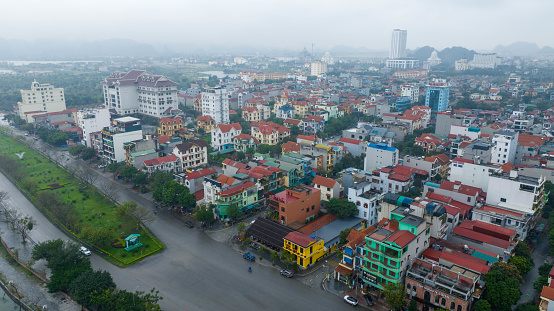 Drone shot of Ninh Binh cityscape, Vietnam