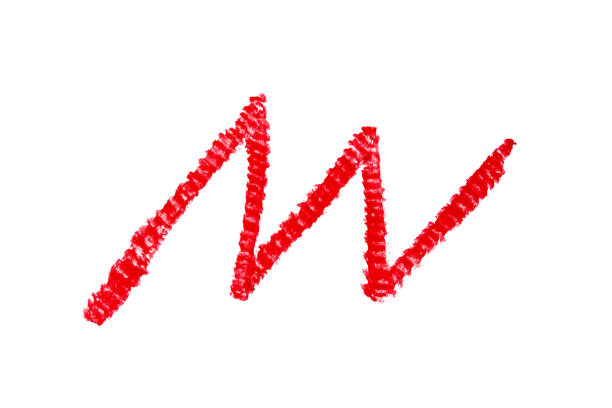 Red stroke drawn with crayon pencil on white background. Hand drawn zigzag.