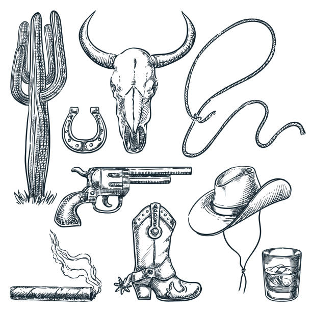 Wild West vintage symbols. Vector hand drawn sketch illustration. Cowboy hat. boots, cow skull. gun icons Wild West vintage symbols isolated on white background. Vector hand drawn sketch illustration. Cowboy hat and spur boots, cow skull and gun retro icons set officer boots stock illustrations