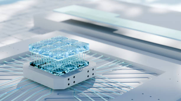 Abstract High-Tech Device Developing Abstract High-Tech Device Developing - 3d rendered close up image of CPU, GPU, Computer chip, Integrated Circuit, Semiconductor, digital device and components manufacturing. Automatic robotic system. Abstract nano technology process. AI equipment. Clear bright workspace environment, laboratory. Aero style design. Futuristic quantum computing concept. Nanotechnology stock pictures, royalty-free photos & images