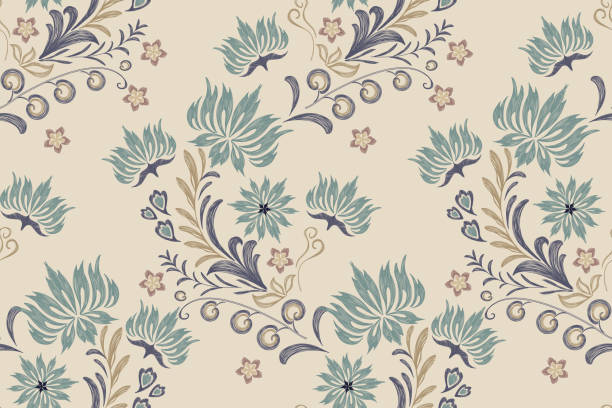 Thai Ikat Floral pattern paisley embroidery on white background. Ikat  flower motif ethnic oriental seamless pattern traditional.