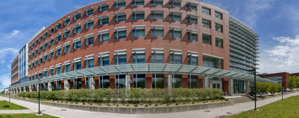 Education and research building on a college campus grounds
