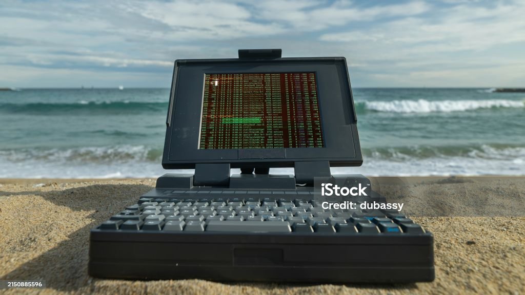 Retro Computer On Beach Stock Photo - Download Image Now - Antique ...