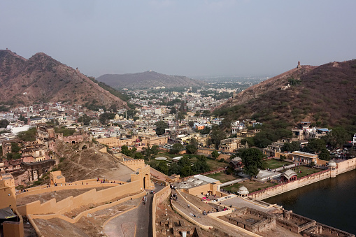 View of the Amer city from the top of the Amber Fort in Jaipur, Rajasthan