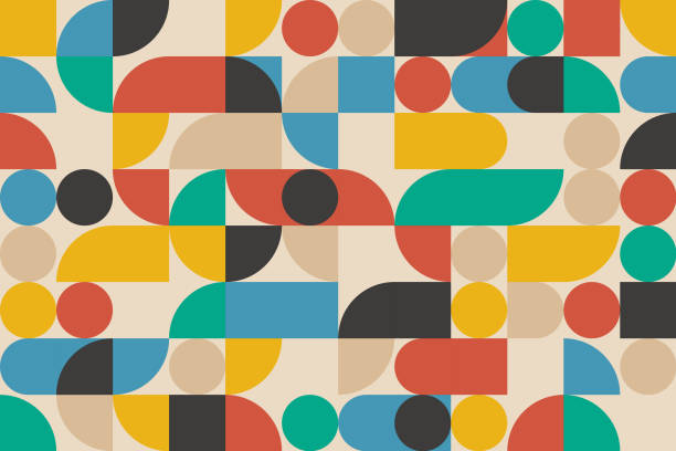 illustrazioni stock, clip art, cartoni animati e icone di tendenza di seamless multi colored retro bauhaus abstract shapes pattern - geometrici