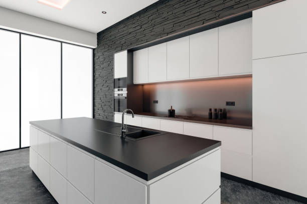 istock Modern White and black minimalist kitchen with long island. Dark and light matte materials. White background. 2150887970