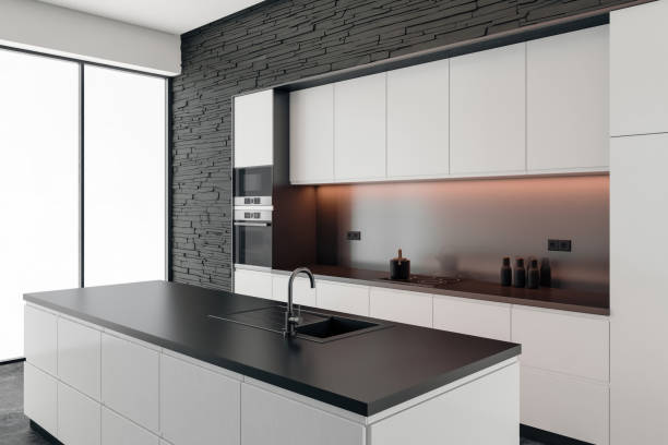 istock Modern White and black minimalist kitchen with long island. Dark and light matte materials. White background. 2150887974