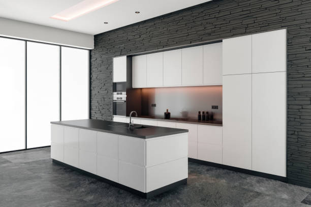 istock Modern White and black minimalist kitchen with long island. Dark and light matte materials. White background. 2150887979