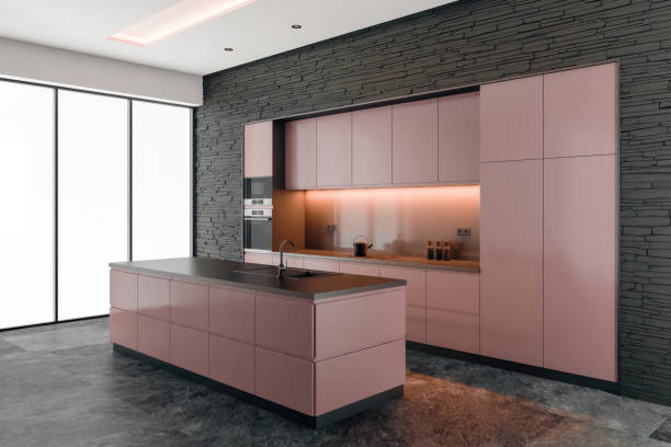 istock Modern Light Pale Red and black minimalist kitchen with long island. Dark and light matte materials. White background. 2150888039