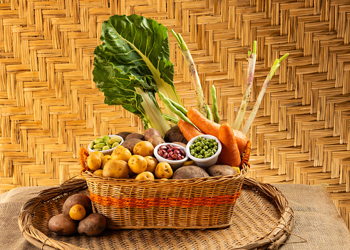 Typical fresh vegetables from Boyaca Colombia - Chard, rush onion, carrot, peas, beans, potato and yellow potato
