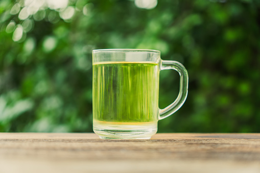 clear glass tea cup on table with green leaves background with soft sunlight in the morning, giving fresh feeling Relaxing and calm, with space for text.