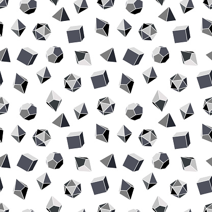 Seamless pattern of grayscale dice for DND role playing games with four, six, eight, twelve and twenty sides. Dice for the game Dungeons and Dragons in grayscale on white background. Vector