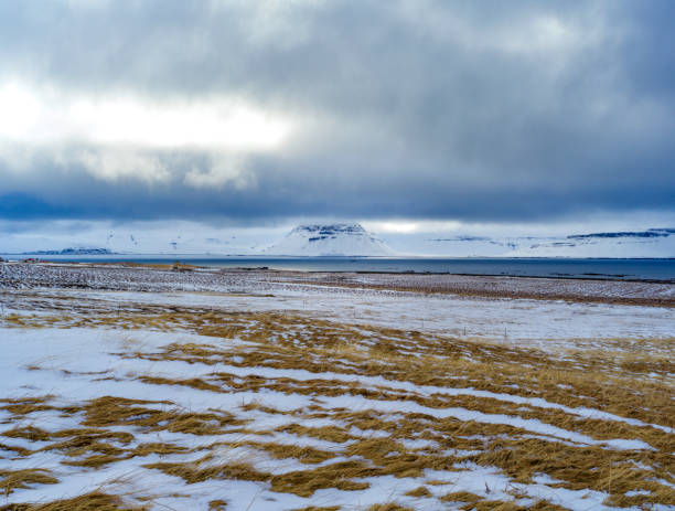 Dense fog covers half of  mountain peaks.