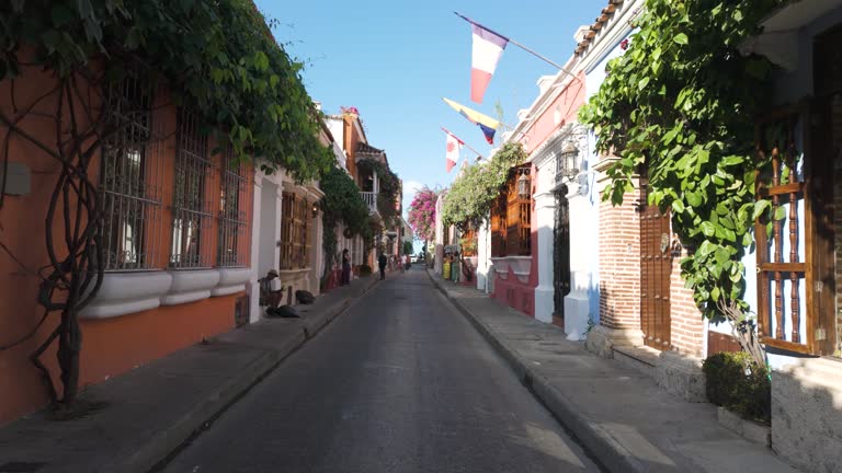 Charming Cartagena street with vibrant foliage, Colombia
