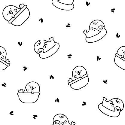Cute kawaii baby seals. Seamless pattern. Coloring Page. Funny cartoon characters arctic and antarctic animals. Hand drawn style. Vector drawing. Design ornaments.