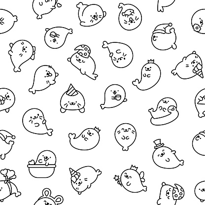 Cute kawaii baby seals. Seamless pattern. Coloring Page. Funny cartoon characters arctic and antarctic animals. Hand drawn style. Vector drawing. Design ornaments.