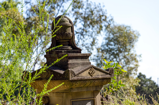 Old tombstone in cemetery, background with copy space, Newtown Camperdown cemetery founded 1848 NSW Australia, full frame vertical composition
