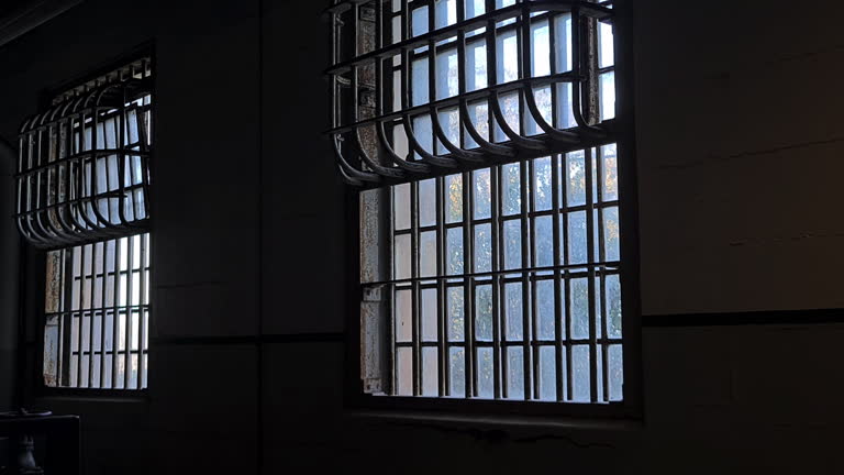 Alcatraz Prison, Dining Hall Windows With Metals Bars, San Francisco California USA