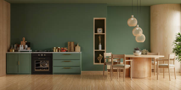 istock kitchen room interior design with dark green wall,Dining room interior- 3D rendering 2150902489