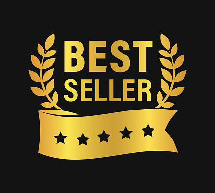 Stylized Best Seller Badge with award ribbon with five stars, BEST SELLER lettering and laurel branches around it - gold color cut out vector icon