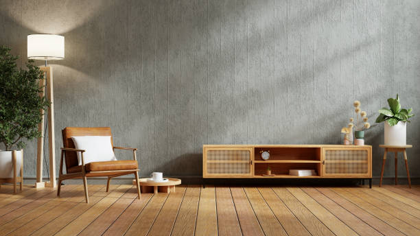 Wall concrete style TV room with leather armchair and decoration accessory- 3D rendering