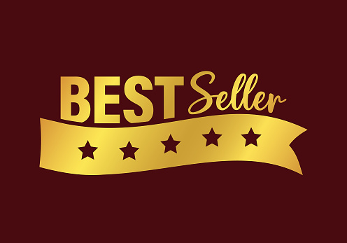 Stylized award ribbon with five stars and BEST Seller lettering - cut out vector icon, banner, badge, or sticker in gold color