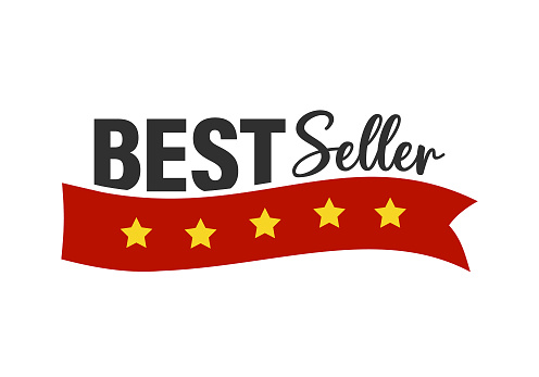 Stylized red award ribbon with five yellow stars and BEST Seller inscription - vector icon on white background