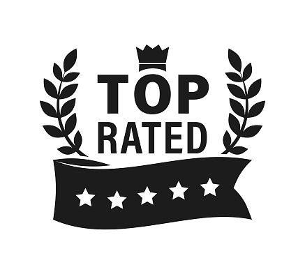 Stylized Top Rated Bestseller Badge with award ribbon with five stars, TOP RATED lettering, crown and laurel branches around it - monochrome cut out vector icon on white background