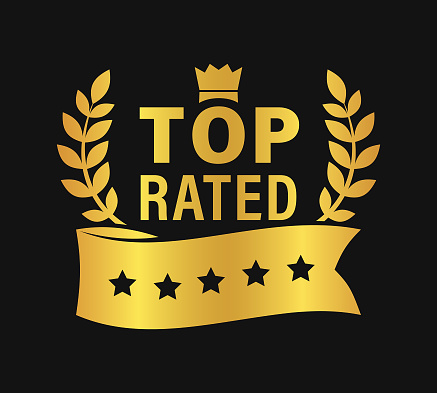 Stylized Top Rated Bestseller Badge with award ribbon with five stars, TOP RATED lettering, crown and laurel branches around it - gold color cut out vector icon on dark background