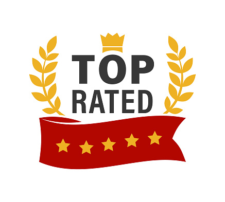 Stylized Top Rated award badge with a crown on the top, laurel branches around TOP RATED lettering, and red ribbon with five yellow stars - vector icon on white background