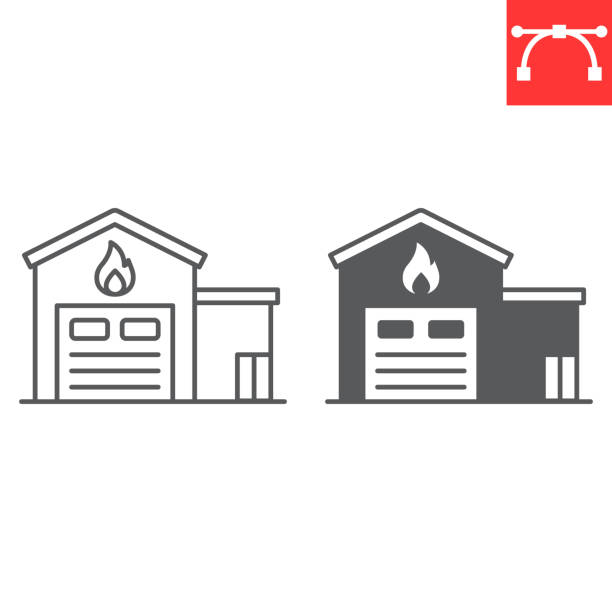 Fire station line and glyph icon Fire station line and glyph icon, building and architecture, firehouse vector icon, vector graphics, editable stroke outline sign, eps 10. silhouette of firefighter logo stock illustrations