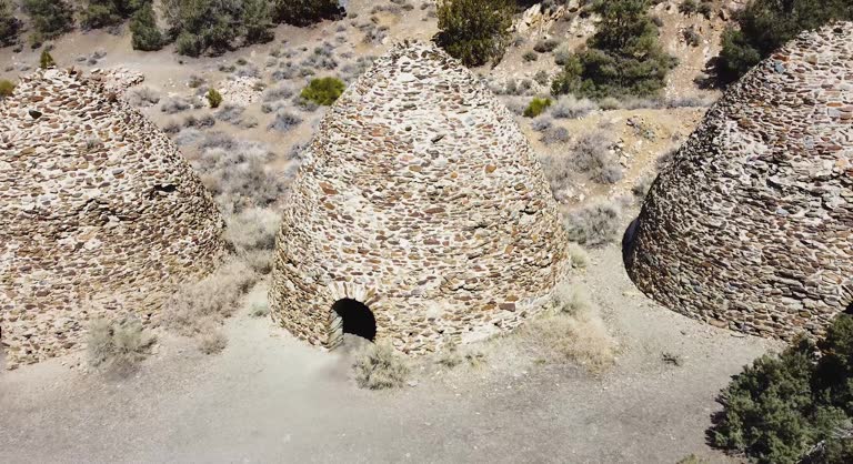 Wildrose Charcoal Kilns - Beehive-shaped Kilns In Death Valley National Park, California. descending drone shot