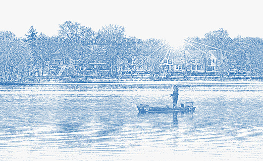 Fisherman Freshwater fishing from boat on a Minneapolis lake