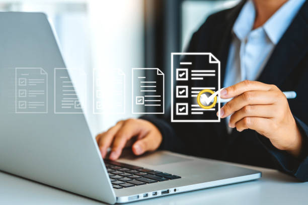 istock Checklist and filling survey form online. Document management system, DMS. checklist, take an assessment, questionnaire, evaluation, online survey, online exam. 2150911566