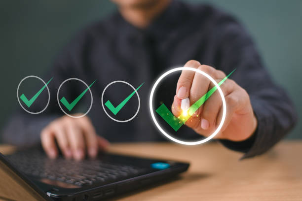 istock Review online approval, digital research. Document audit inspection, business asset analysis concept. Man inspects data, file check checklist online survey. Efficient document form project management 2150911648