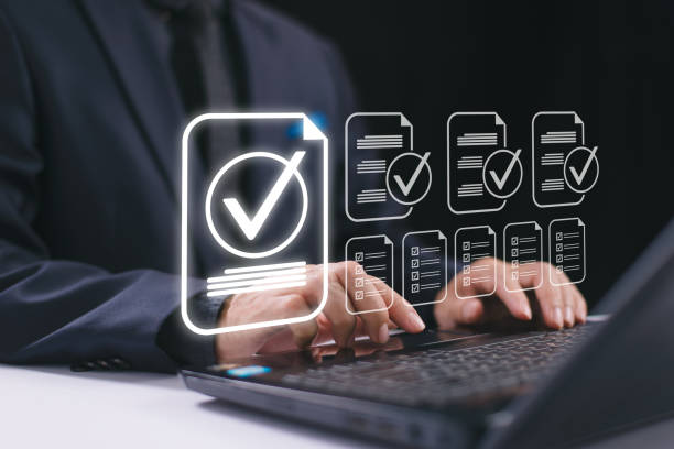 Review online approval, digital research. Document audit inspection, business asset analysis concept. Man inspects data, file check checklist online survey. Efficient document form project management