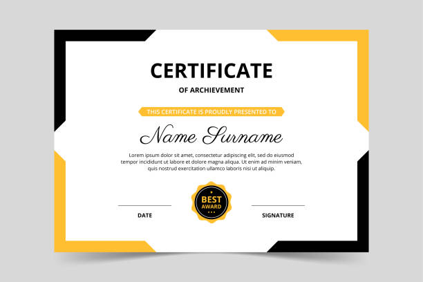 illustrations, cliparts, dessins animés et icônes de modèle de certificat noir et jaune élégant et moderne. appréciation des affaires et de l’éducation. illustration vectorielle - certificat