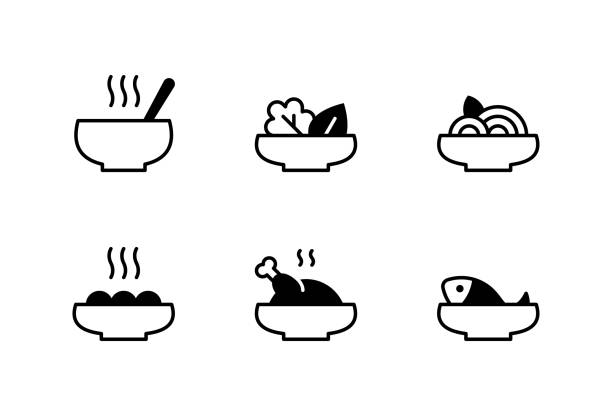 Bowl Pasta Meal Icon Illustrations Vector hot dinner plate templates. Restaurant meal icon set. Flat food dish symbol illustrations. Cafe pictograms for pasta, bowl, soup, poke, wok, ramen, spaghetti, noodle, fish, chicken, salad fish in a bowl stock illustrations
