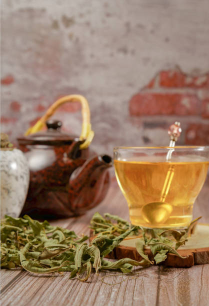 istock lemon verbena infusion in a glass cup with a marble mortar 2150915598