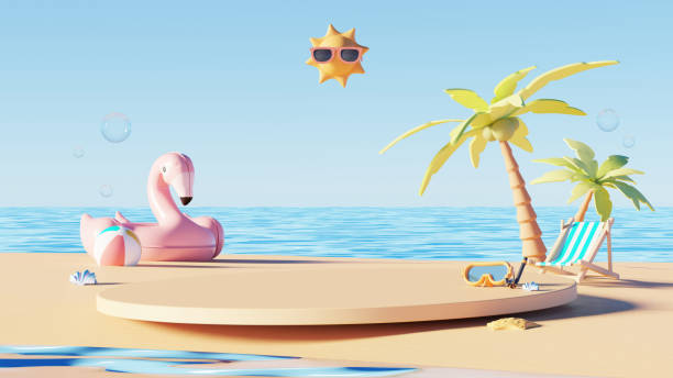 istock 3D render, minimal Summer background with empty podium or pedestal platform for showing product, cosmetic scene for mock up, beach swim elements decoration. 2150917920