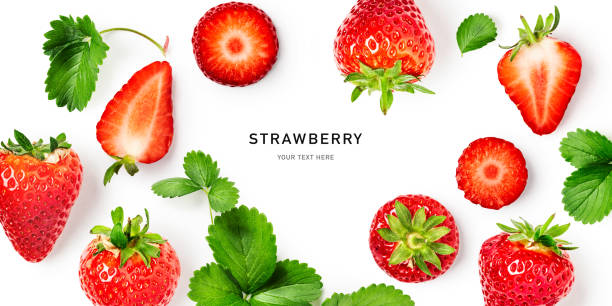 istock Strawberry fruits and leaves creative frame border isolated on white background 2150918749