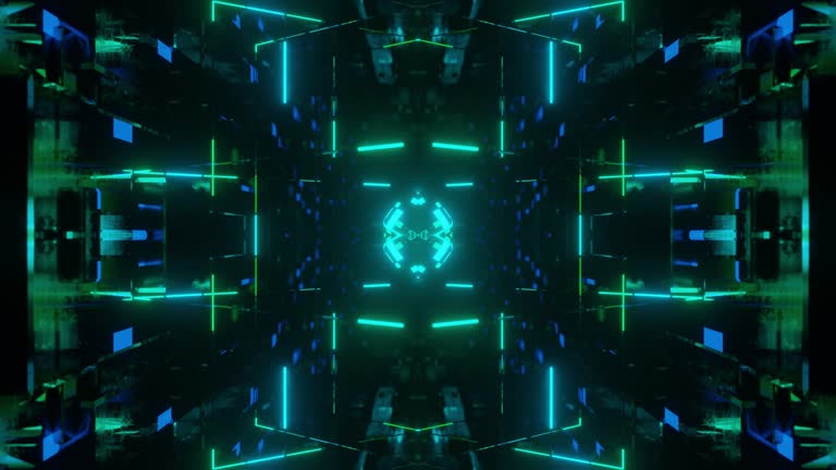 symmetrical 3d object or structure rotates and moves inside glass mirror tunnel with neon light, bright reflections. Fantastic abstract background looped in 4k. Vj loop for show. Night club vj loop