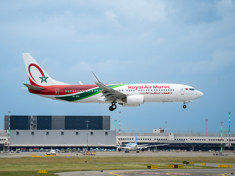 Varese, Italy. Royal Air Maroc Boeing 737-800 is landing at MXP Milano Malpensa international airport