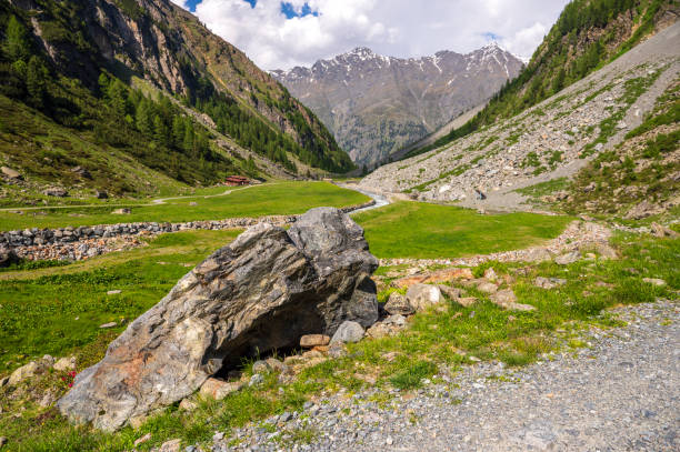 View at the Polles bach at the Polles alm in the Ötztal valley in Tyrol Austria during a beautiful springtime day in the Alps.