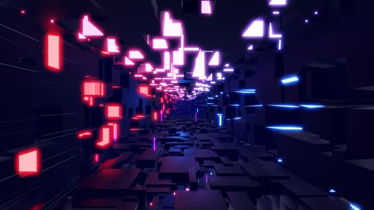 Tunnel with neon light. Sci-fi bg fly through tech digital space. Concept of hi-tech information flow, blockchain. 3d looped bg motion design, cubes and frames, constructions. Dark dynamic bg
