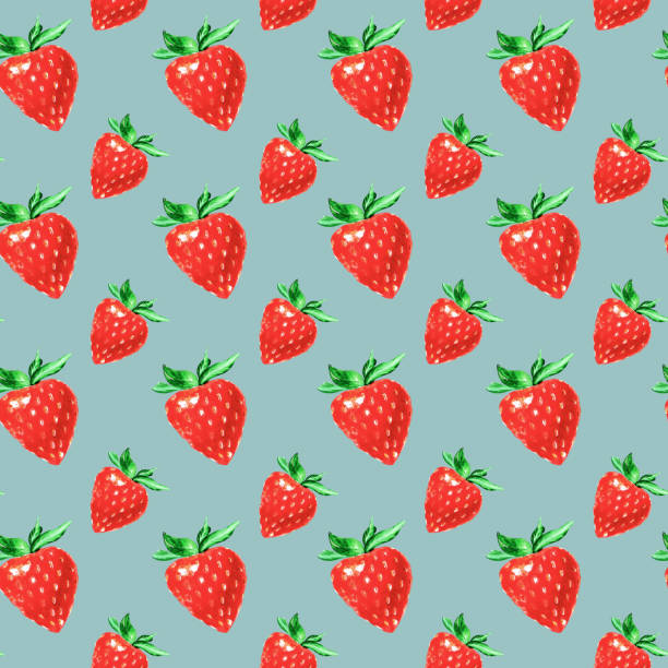istock Cute strawberries seamless pattern on a light blue background in the style of watercolor 2150925869