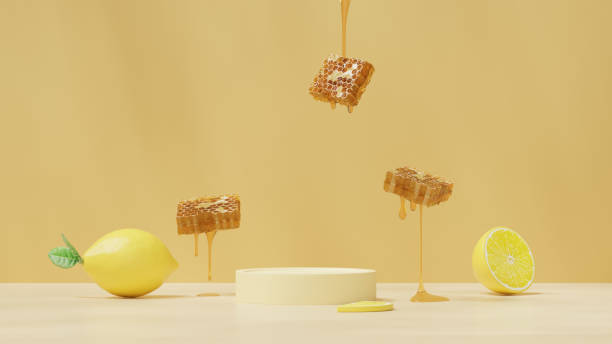 istock 3D background display stand with honeycomb and lemon  on podium for product presentation 2150927651